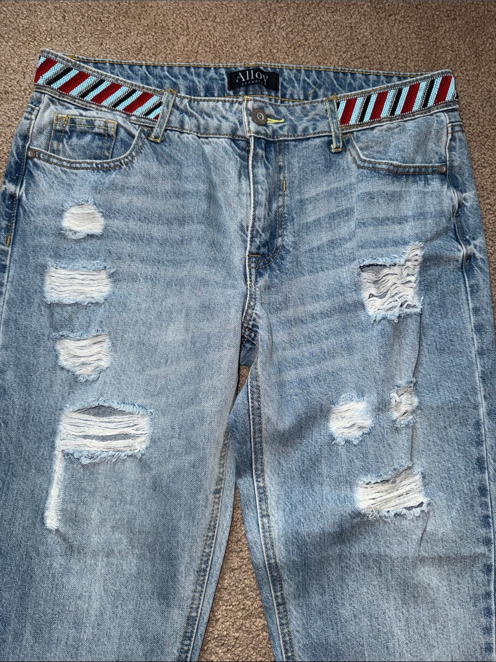 ALLOY Light Blue Distressed Relaxed Jeans with beaded Waist Detail